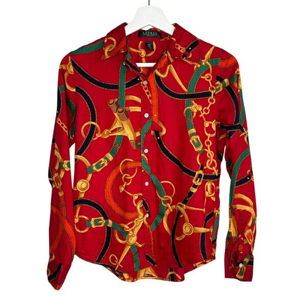 Ralph Lauren Equestrian Print Classic Fit Long Sleeve Button-Up Shirt Red PXS - Picture 1 of 8